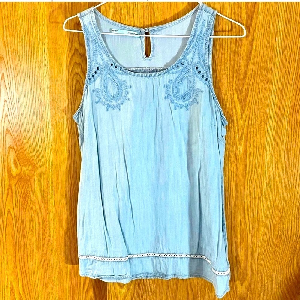 Maurices Sleeveless Embroidered Denim Blue Top
